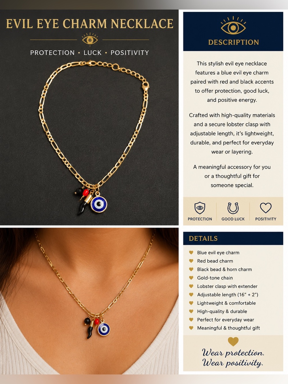 Gold Chain Evil Eye Charm Necklace with Blue, Red & Black Accents